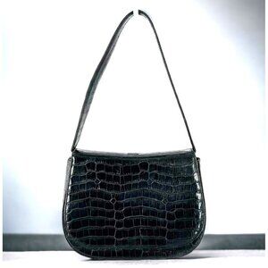 Bally Black Reptile Croc Embossed Leather Shoulder Bag Career Handbag